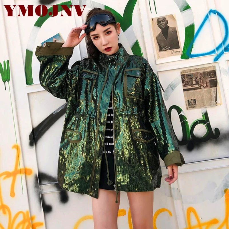 YMOJNV 2018 Sequins Cobra embroidery Spring Jacket Women ArmyGreen Tooling Women Bomber Jacket Casaco Feminino Women Basic Coats