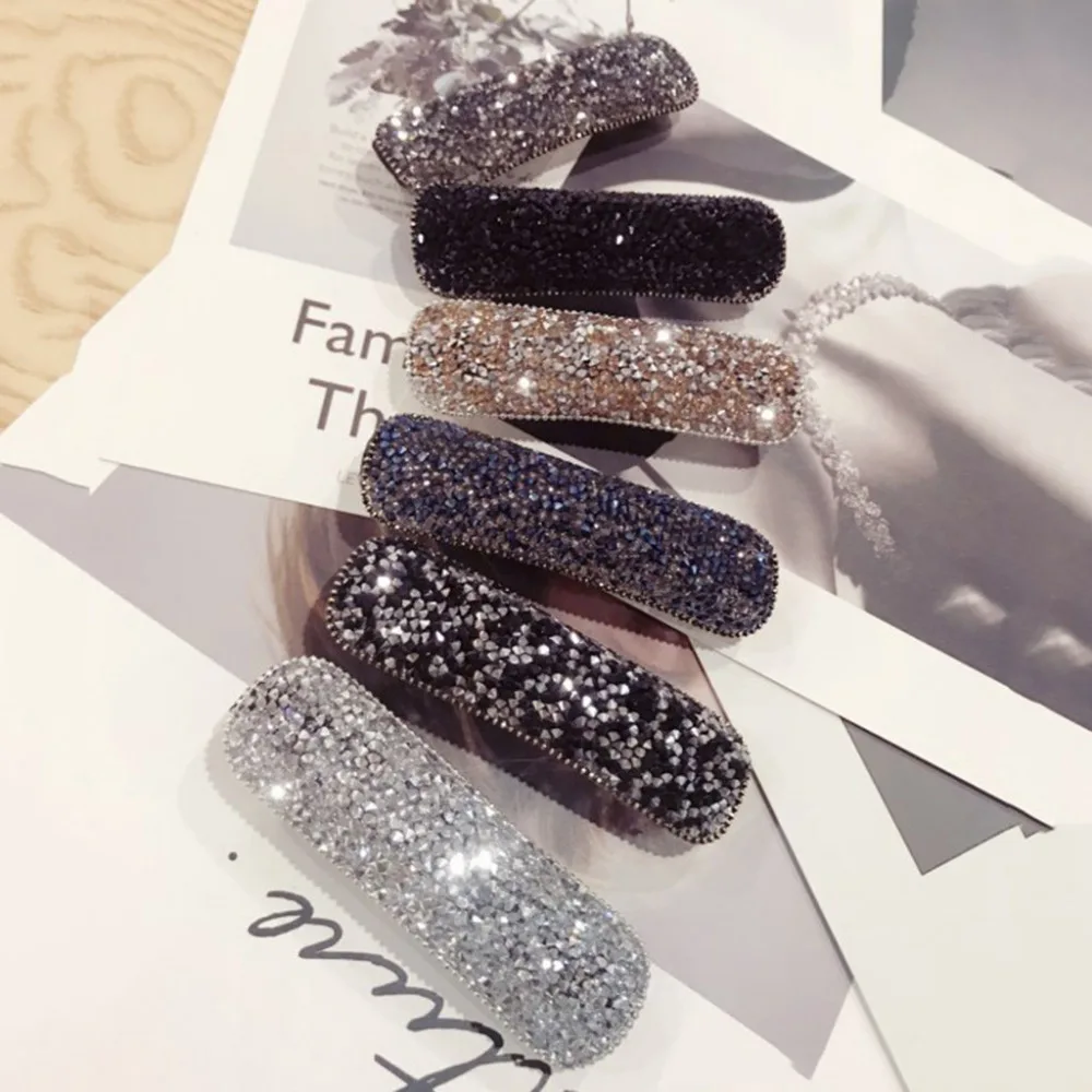 

New Square Water drops full diamond rhinestone metal bangs duckbill clip hairpin hairpin Female Fashion Q0307