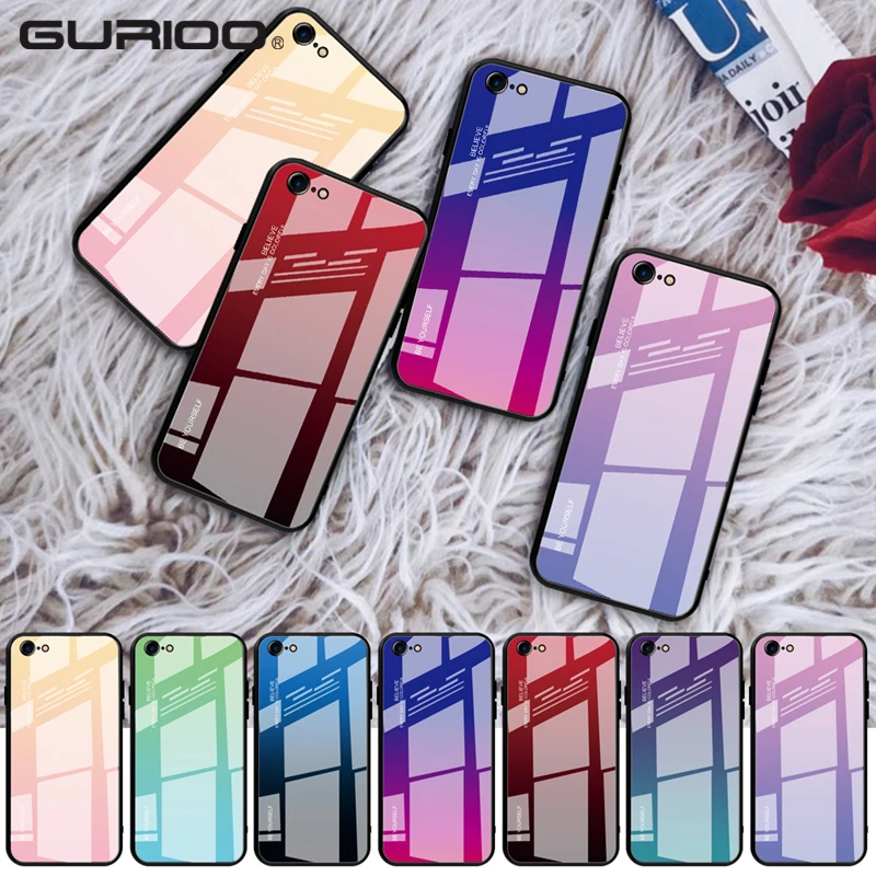 Gurioo Gradient Aurora For iPhone XS Tempered Glass Back Case 6 6S 7 8 Plus X XR Max Colorful Luxury Cover Shell |
