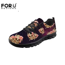 Zapatos planos negros FORUDESIGNS para mujer, zapatillas ligeras informales con estampado 3D de calavera Vintage para chicas, zapatos transpirables de verano