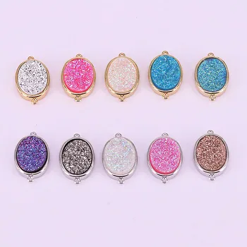 

10Pcs Titanium Stone Connector Double Bails Gold / Silver Electroplated Rainbow Quartz Oval Shape Gem Jewelry