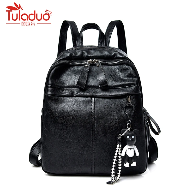 

High Quality Leather Backpack Female Soft Backpack for Teenage Girls Schoolbag Fashion Bear Women Solid Shoulder Bag Sac A Dos