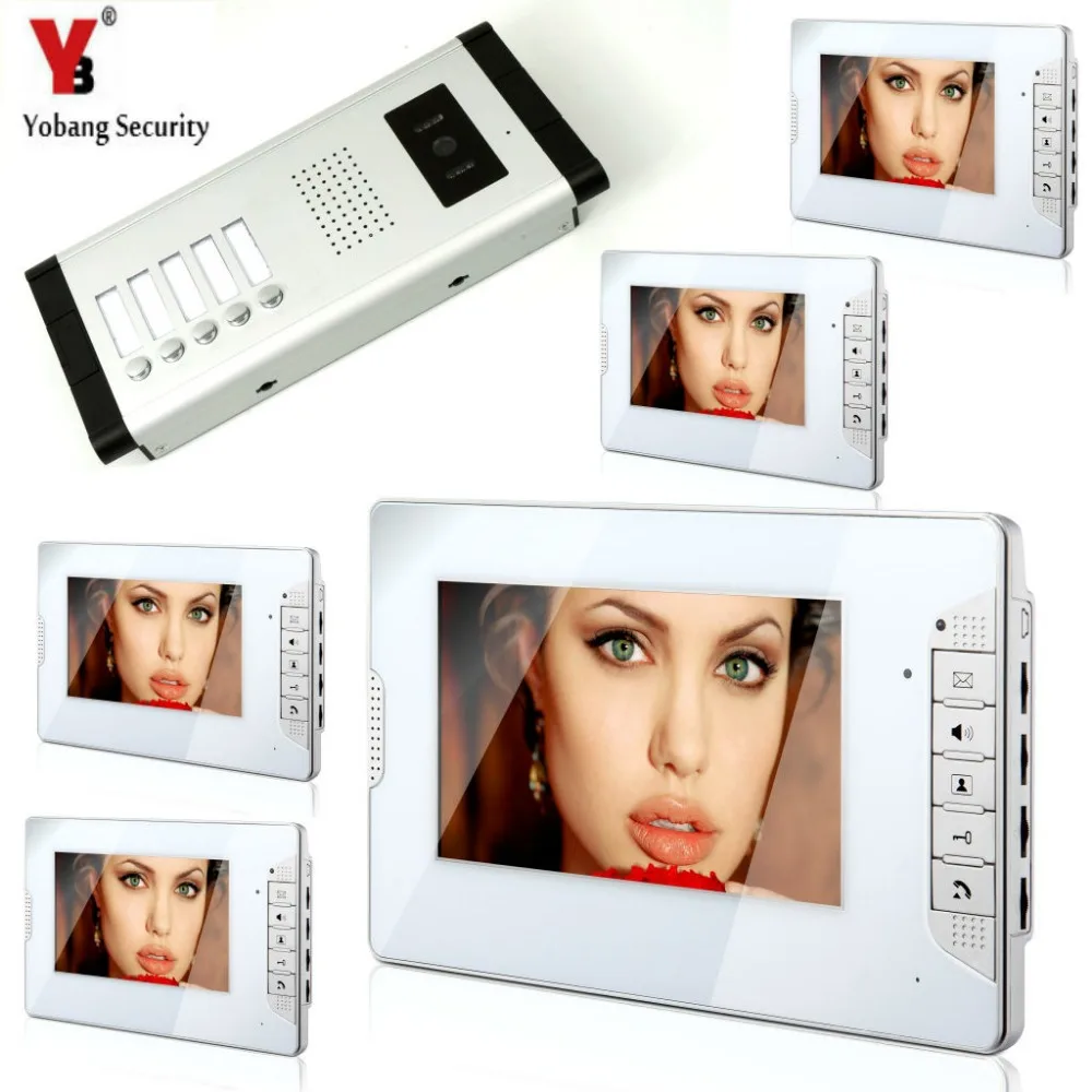 

Yobang Security Home Intercom 7'Inch Monitor Video Door Phone Doorbell Speakerphone Intercom Camera System For 5 Unit Apartment