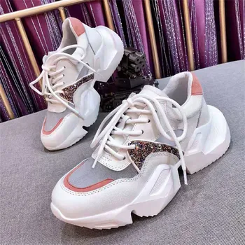 

Women's sports shoes 2019 summer fashion breathable mesh women shoes Genuine Leather Thick bottom sneakers women Single shoes