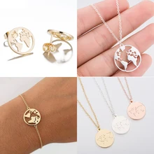 Collier en acier inoxydable jisensp pour femme, bijoux, pendentifs ronds et simples, avec la carte du monde, cadeau de la terre