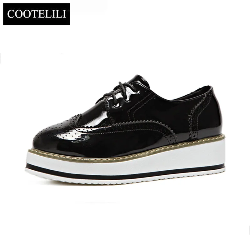 

COOTELILI 35-39 Spring Flat Platform Women Shoes Round Toe Slid Oxford shoes Casual Lace-Up British Women Brogue Shoes Ladies