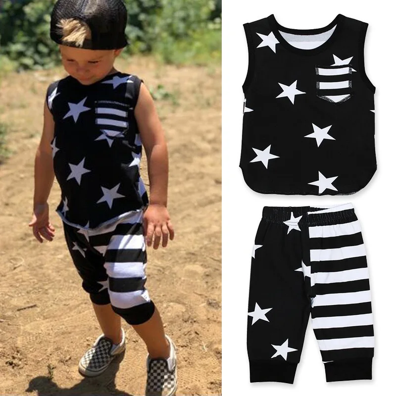 Summer Children Clothing Baby Boys Clothes Set Cotton Sleeveless Star Printed Tops+Striped Pants Kids 2Pcs Suit | Детская одежда и