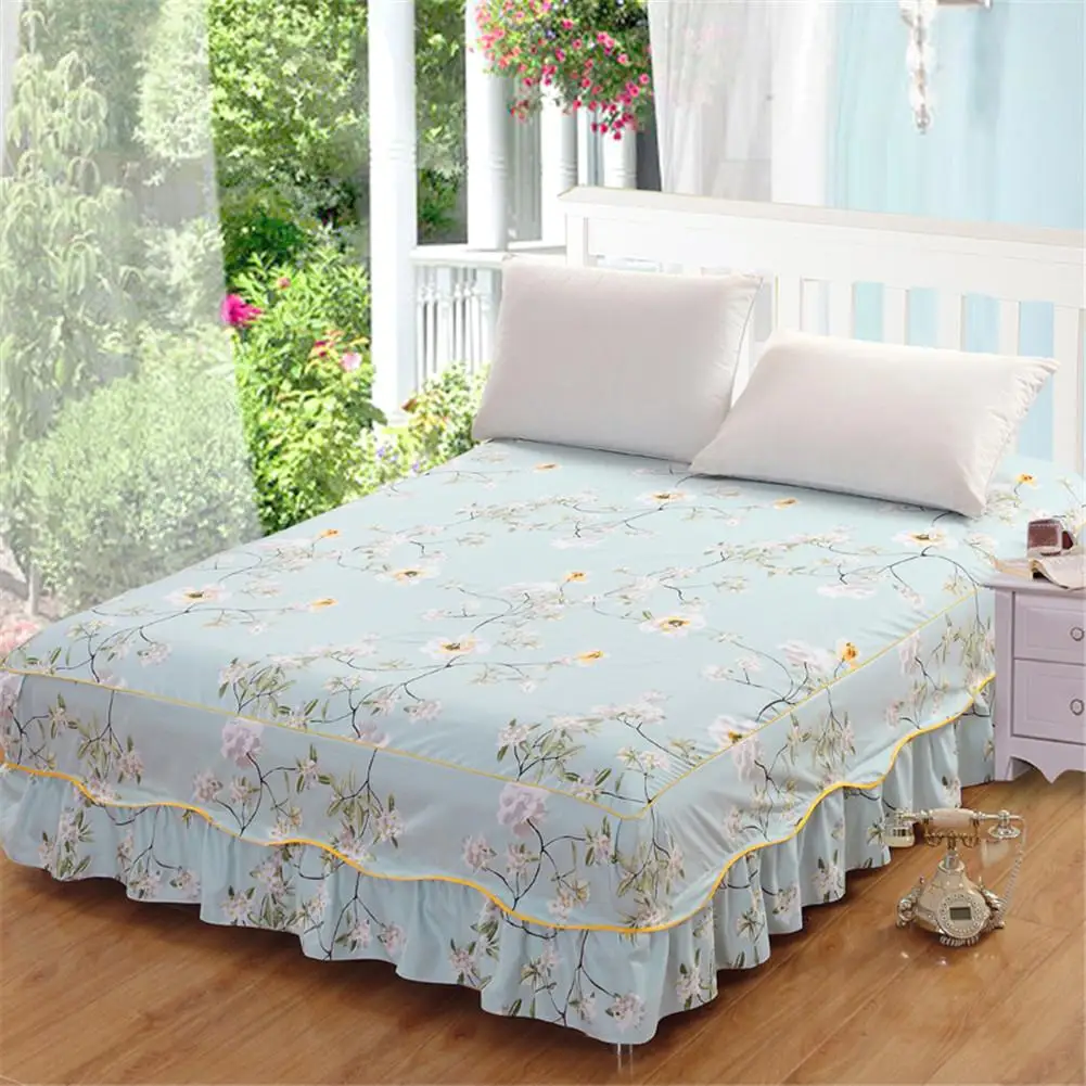 Queen Size Floral Printed Bed Skirt Single Piece Princess Bed Cover