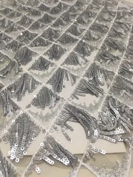 

African French Lace Fabric with sequins High Quality African Tulle Lace Fabric with sequins 5yards Silver sequin lace fabric