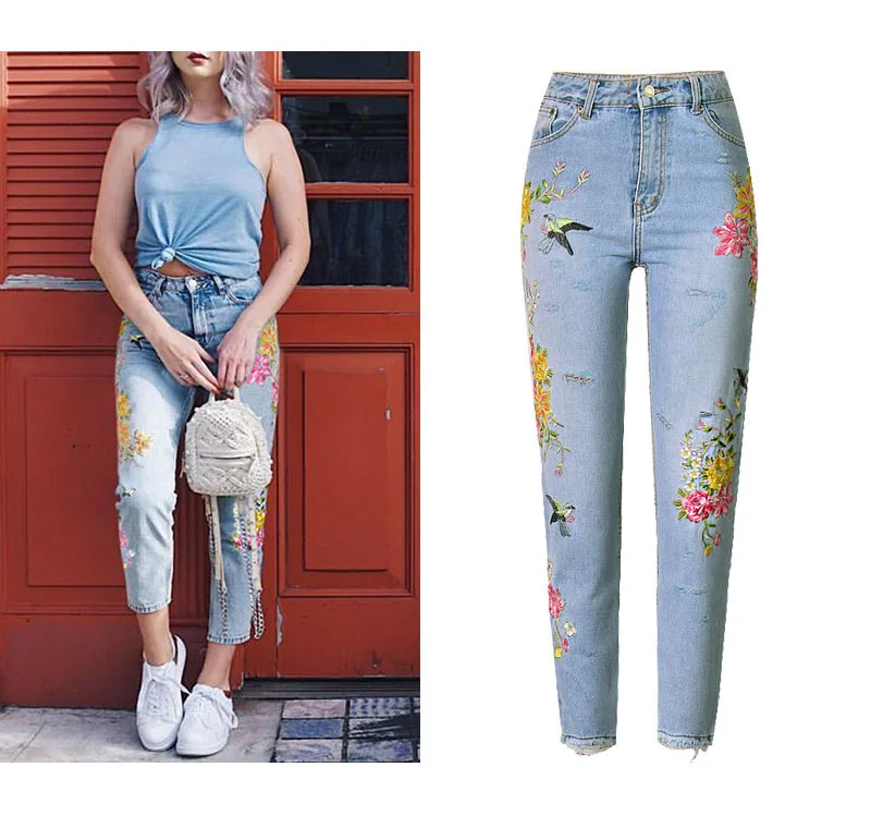 2017 Europe and the United States women's 3D three-dimensional heavy craft bird flowers front and rear side embroidery high waist straight irregular wear jeans (4)