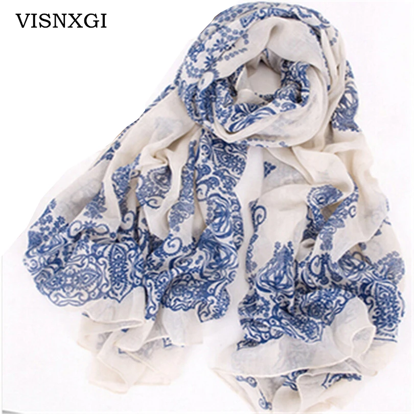 

VISNXGI Scarves Porcelain Printed Soft Scarf 160*70cm Blue White Porcelain Style Thin Section The Silk Floss Women Scarf Shawl