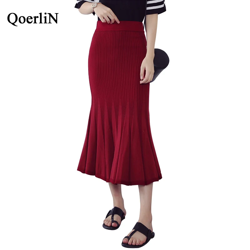 QoerliN 4 Colors Stretchy Red Skirts Women Mermaid Knitting Ruffle