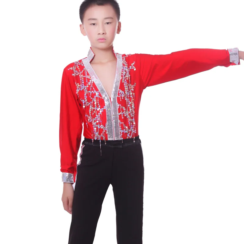 Красная рубашка для латинских танцев для мальчиков классические латиноамериканские бальные танцы одежда для мальчиков с бриллиантами рубашка+ штаны расшитый пайетками комплект