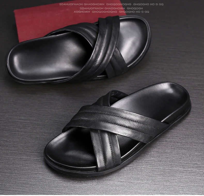 Тапочки из натуральной кожи мужские летние сандалии кроссовки мужские тапочки вьетнамки Летняя обувь модные уличные мужские Тапочки