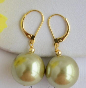 

hj 00499 16MM ROUND GREEN SOUTH SEA SHELL PEARL DANGLE EARRING