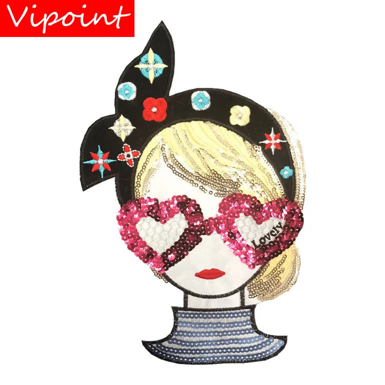 

VIPOINT embroidery Sequins big belle patches glasses girls patches badges applique patches for clothing ALR-5