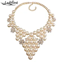 Ladyfirst 2016 Simulado Perla Cristal Gema de La Flor Collares y Colgantes Collar de La Vendimia Al Por Mayor de Declaración Collier Collar 3550