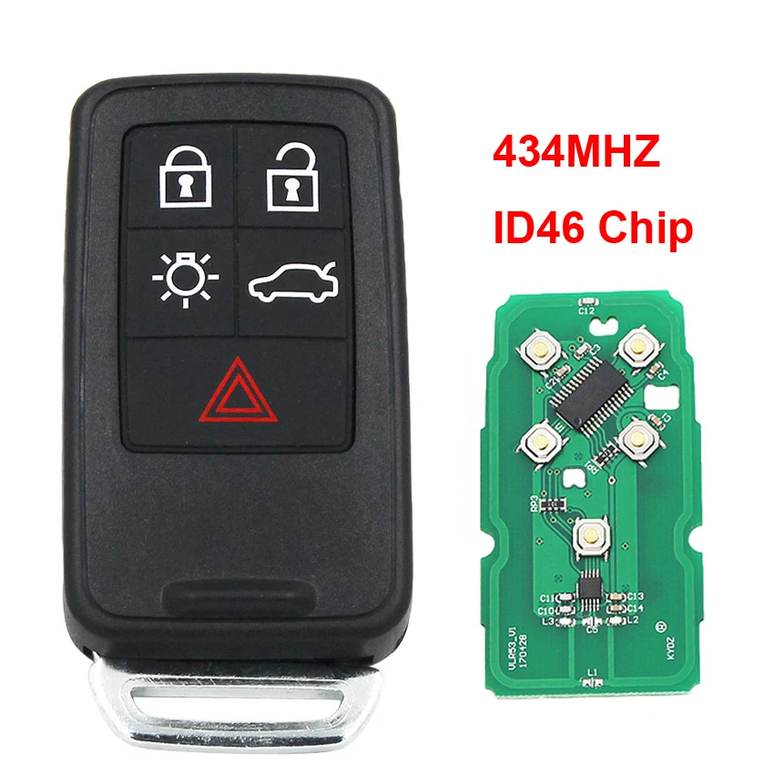 

4+1/5 Button Smart Car Key Fob KYDZ Remote Key 434Mhz ID46 Chip for Volvo XC60 S60 S60L V40 V60 S80 XC70 with Uncut Key Blade