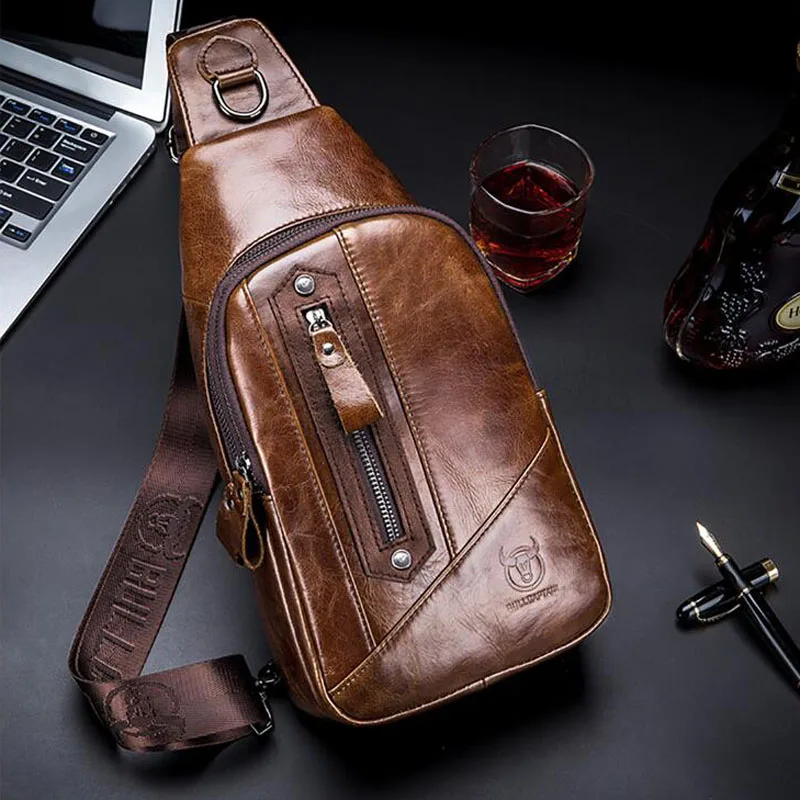 BULLCAPTAIN 2019 font b Men b font Vintage Genuine Leather Cowhide Sling Chest Back font b