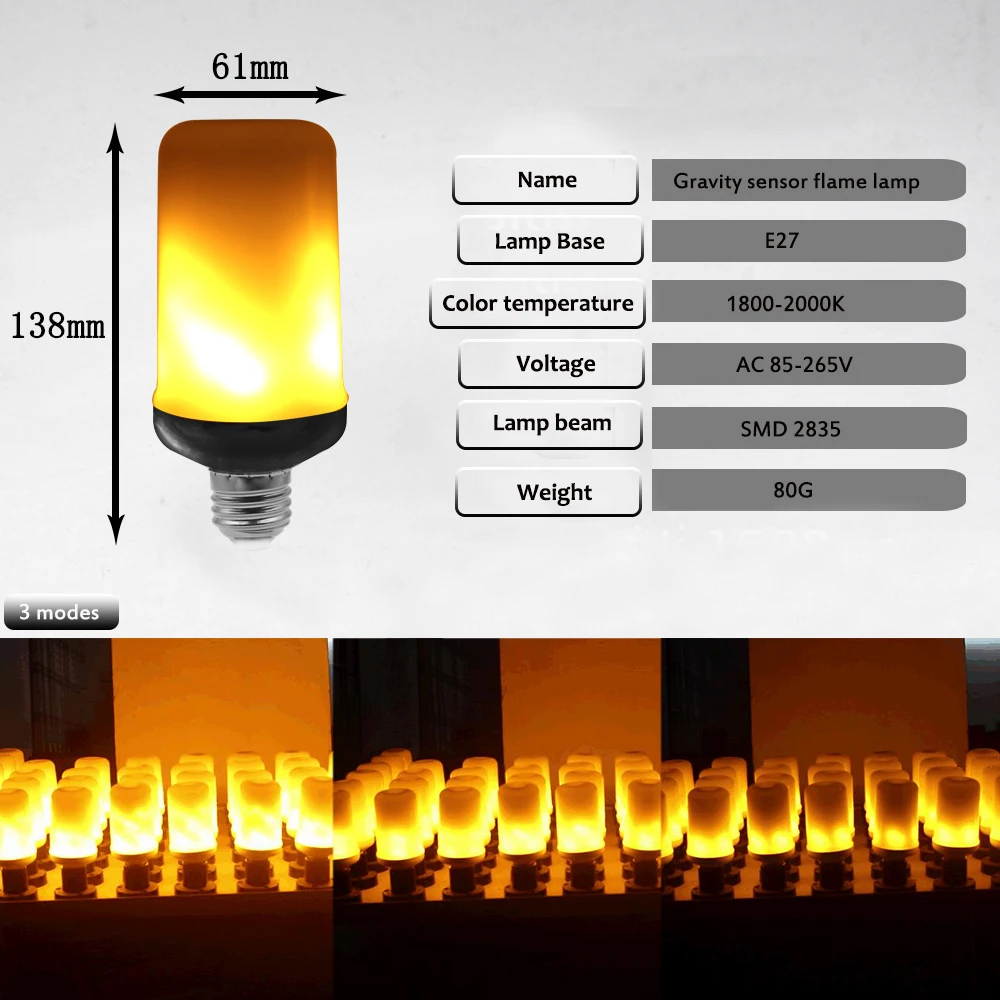 7 Вт Светодиодный светильник с эффектом пламени, лампа E27, лампа для камина, Мерцающая эмуляция атмосферы, 3 режима+ гравитационный датчик, светильник s, кукурузная лампа