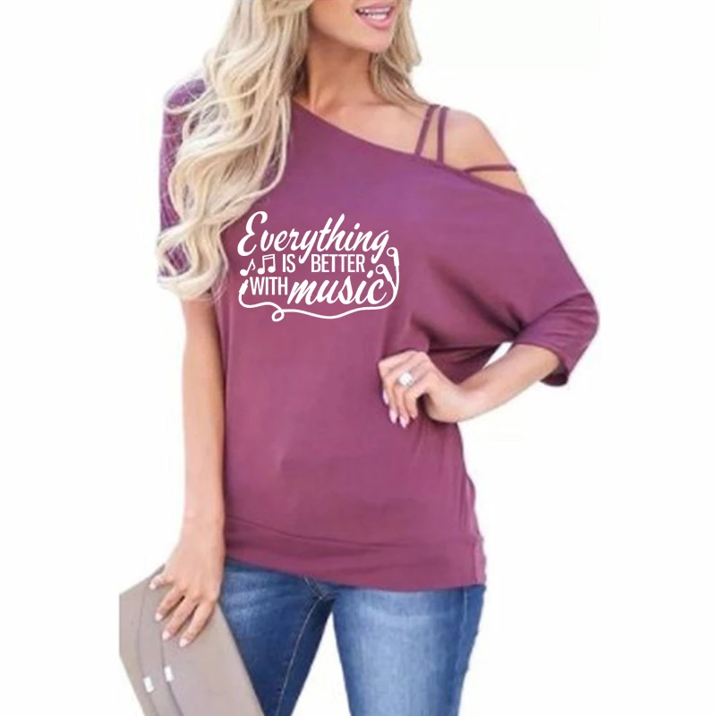 

Everything is Better With Music Print Shirt Female Harajuku Off Shoulder Oblique Collar Bat Sleeve Summer T-Shirt Women Femme