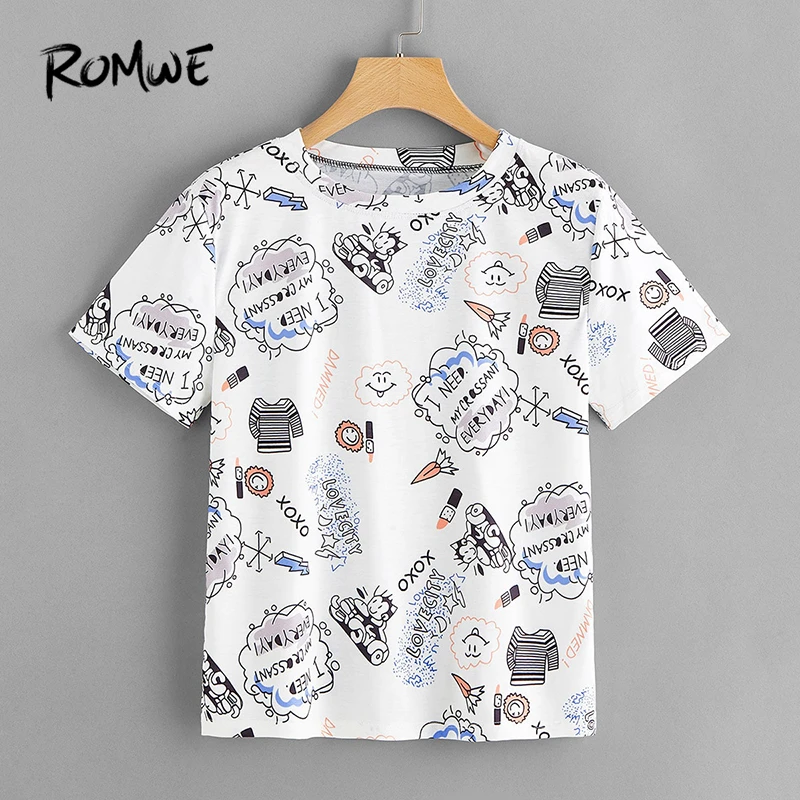 

ROMWE Letter And Cartoon Print Tee 2019 White Chic Printing Round Collar Short Sleeve Summer Tops Comfortable Women T-Shirts