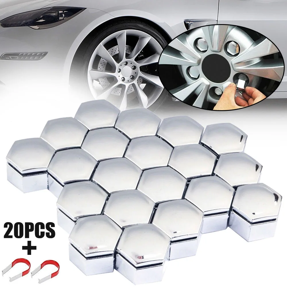 Mayitr 20pcs Auto Hub Screw Cover 22MM Wheel HEX Nut Bolt Cap Cover+Removal Tool for Car Socket Protection Chrome