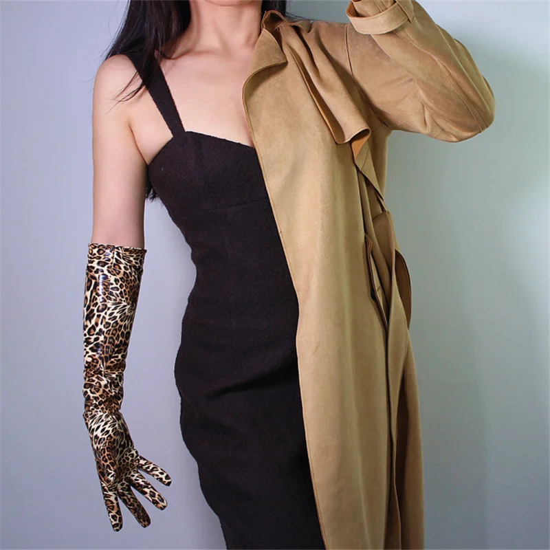 Для женщин 40 см Лакированная кожа леопардовые Кожаные перчатки длинные SectionSimulation Кожа PU Яркие Кожаные Golden Brown животный принт