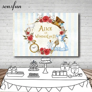 

Sensfun Alice In Wonderland Party Backdrop Flowers Dress Stripes Girls Birthday Backgrounds For Photo Studio 7x5FT Vinyl