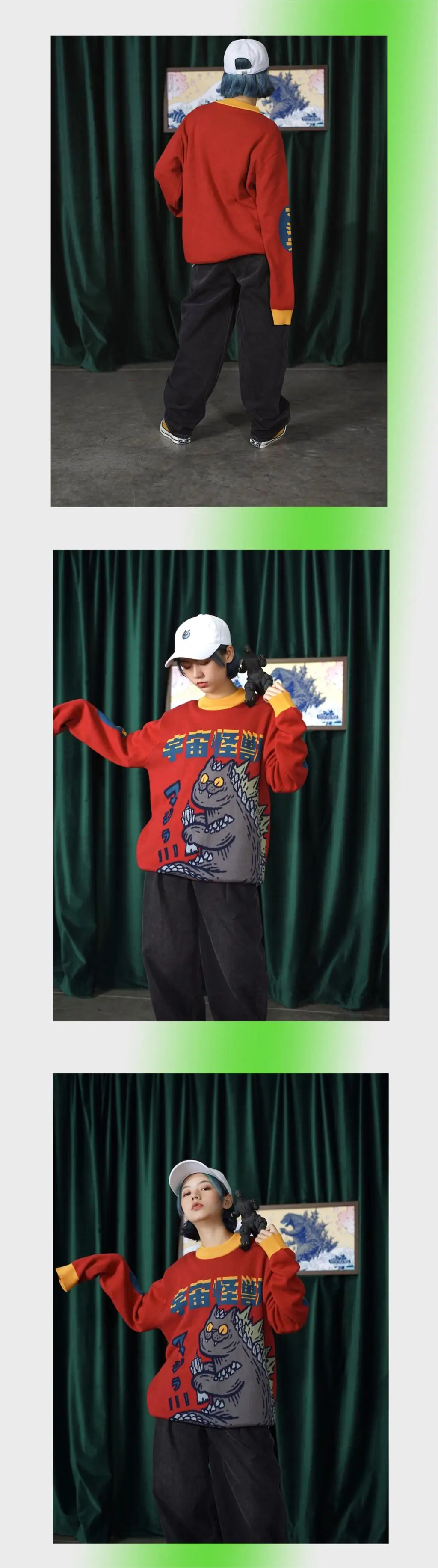 Дизайн, зимний женский толстый теплый свитер, Свободный пуловер с монстрами, вязаный джемпер, топы для мужчин и женщин, Красная Вязаная одежда