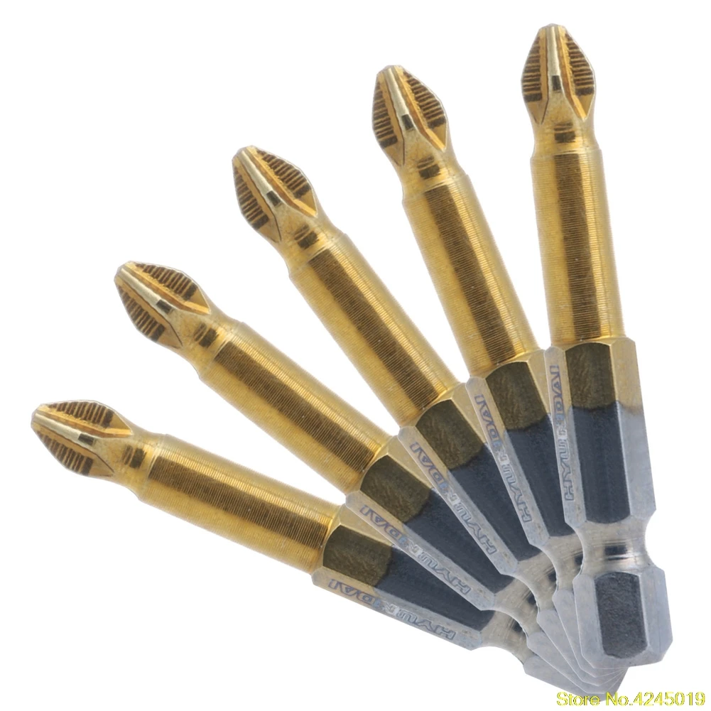 New High quality 5Pcs Titanium Coated 1/4" Hex Shank PH2 50mm Anti Slip Electric Screwdriver Bits