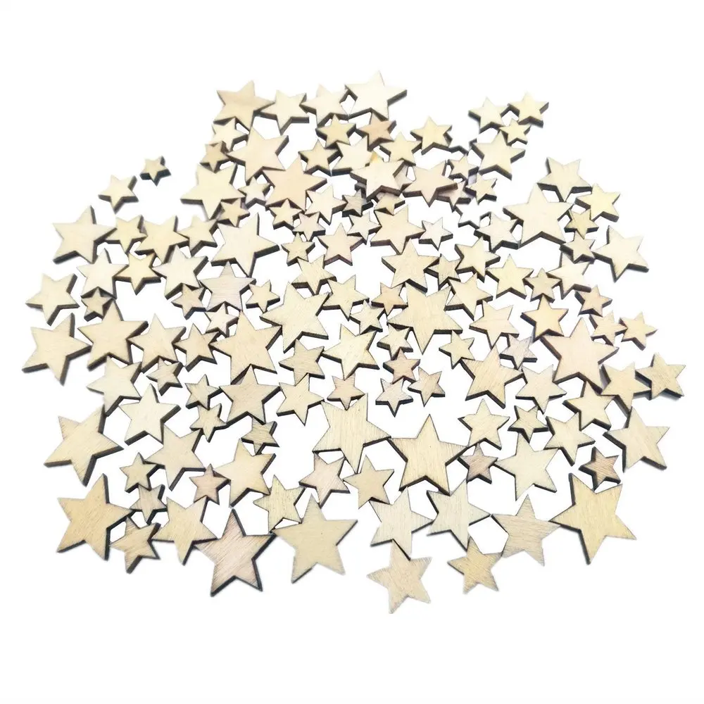 100PCS Mixed Size Wood Star Mixed Size Natural Unfinished Wooden Star Cutouts Blank Wooden Crafts Pieces DIY