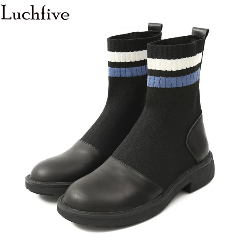 

2018 new cow Leather Ankle Boots for women Fall winter Short Booties feminina flat Heel Wool knitted stripe design sock shoes