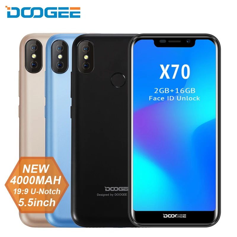 DOOGEE X70 3G Smartphone 5.5 Inch Notch Android 8.1 Face ID Fingerprint 4000mAh 2GB+16GB Mobile Phone 8MP Dual Camera Cellphone