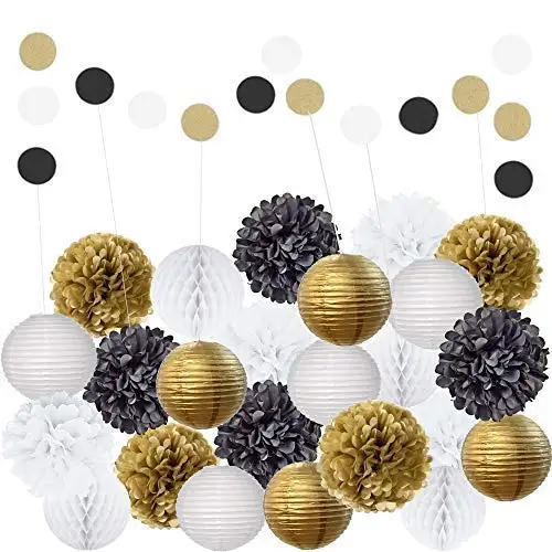 25 шт. черный белый золотой подвесной декоративный набор для вечеринки на день рождения бумажные ремешки помпоны соты гирлянды