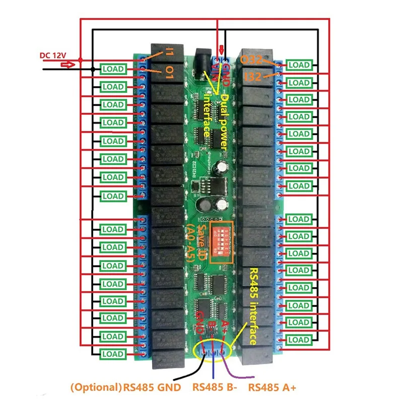 1 шт 12 V 32 канала RS485 триггерный релейный модуль серийный переключатель PLC контроллер WIF66