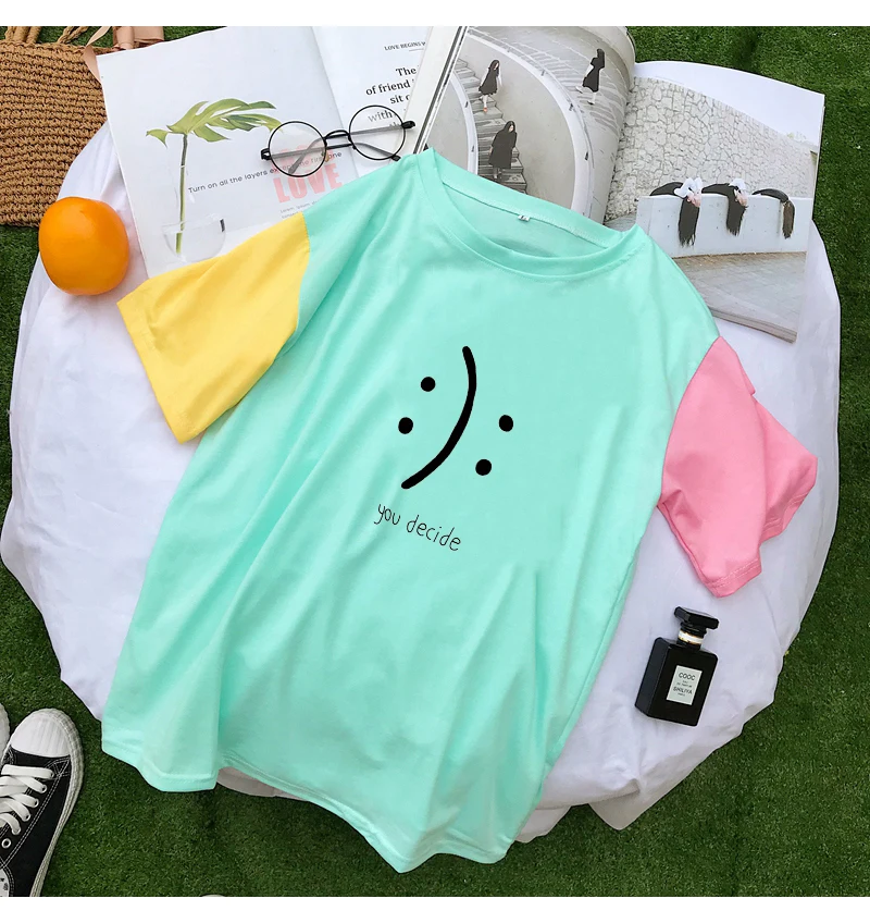 Kawaii Ulzzang Harajuku Mutlicolor Patchwork Cotton T Shirt Women Funny YOU DECIDE Print Tops Korean Tees Fashion Casual Clothes (3)