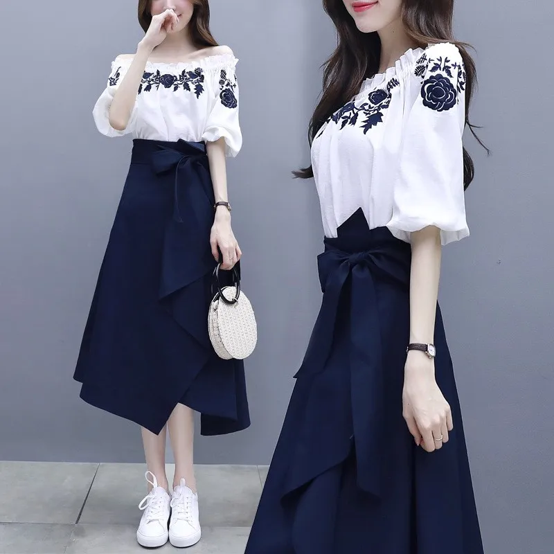 

Embroidery Two Piece Chic Goddess Set For Women Slash Neck Top&Skirt Floral Off Shoulder Three Quarter Sleeve Women Sets YRD