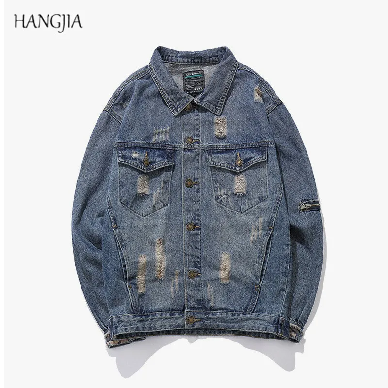 

High Street Washed Distressed Denim Jackets Tide Mens Side Zippers Hole Patch Designs Loose Jacket Fashion Hip Hop Costs