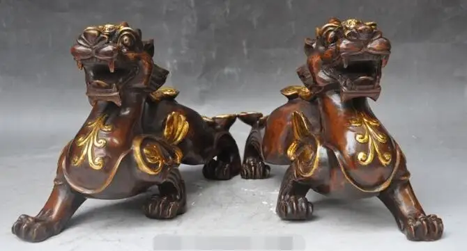 

S03289 7" china bronze Gilt fengshui pixiu Brave troops Beast Ward off evil Statue Pair B0403