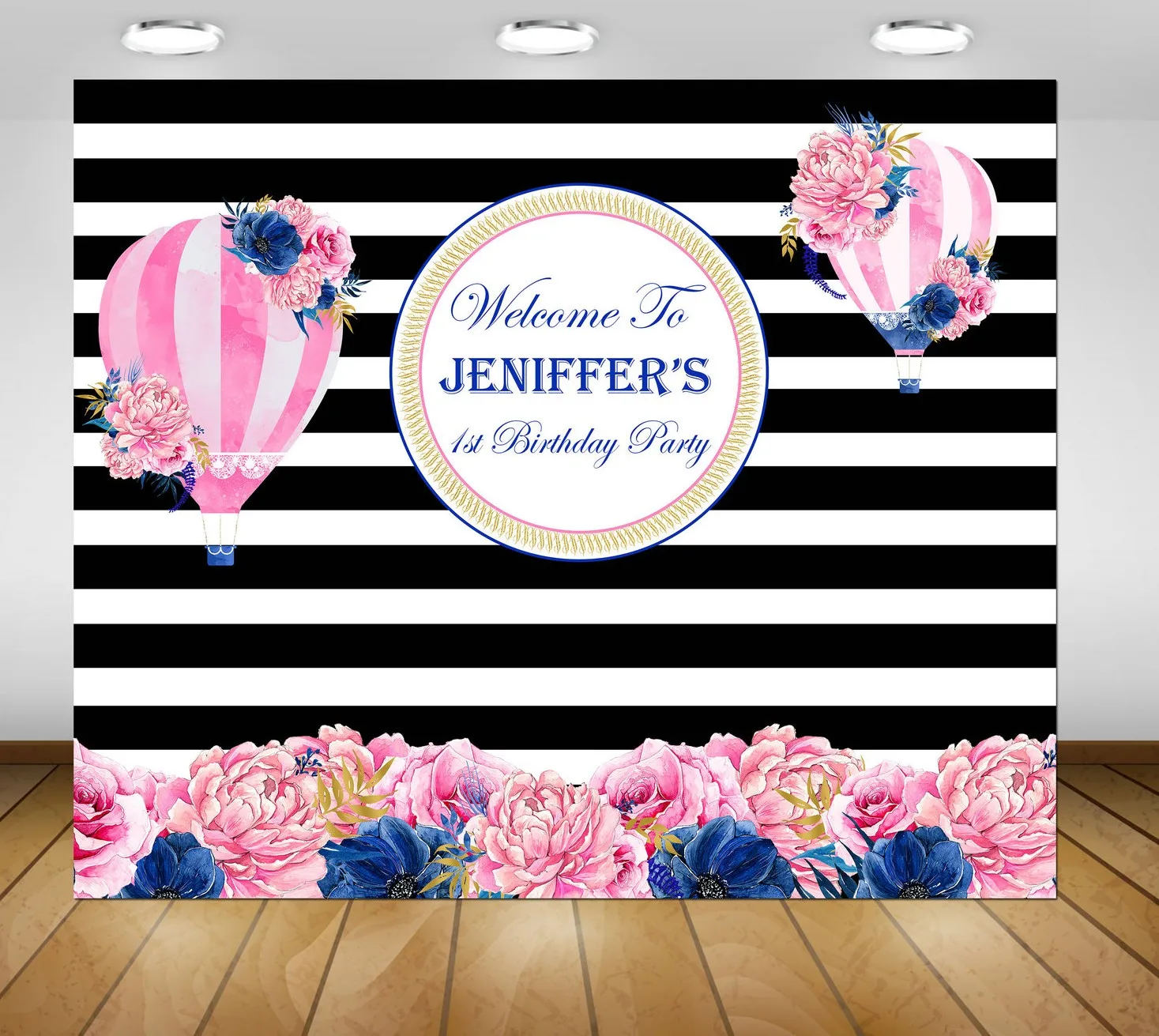 Custom Hot Air Floral Black And White Stripes Birthday Backdrop
