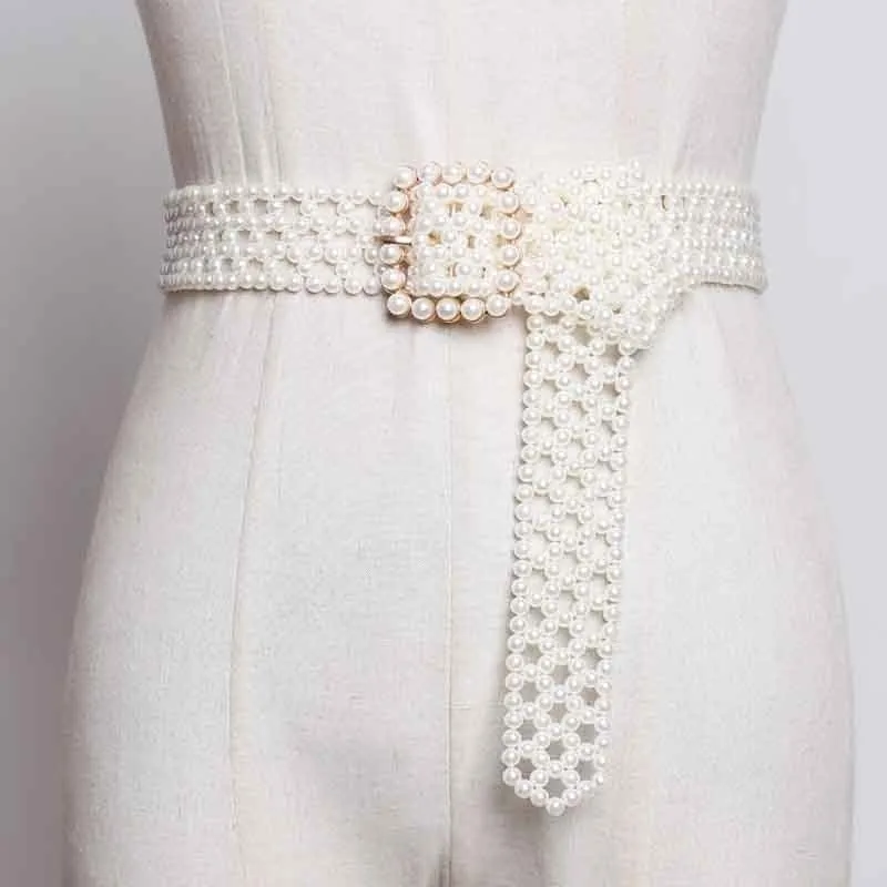 

[YaLee] New Fashion 2019 Summer Man-made White Pearl Woven Hollow Out Long Wide Belt Square Pin Buckle Girdle Women A063