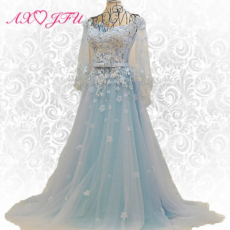 AXJFU new version of the Korean blue lace evening dress, bride neat