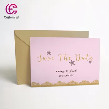 

50pcs/lot Personalized Thank you card or save the date card with free envelop pink with gold decoration 046
