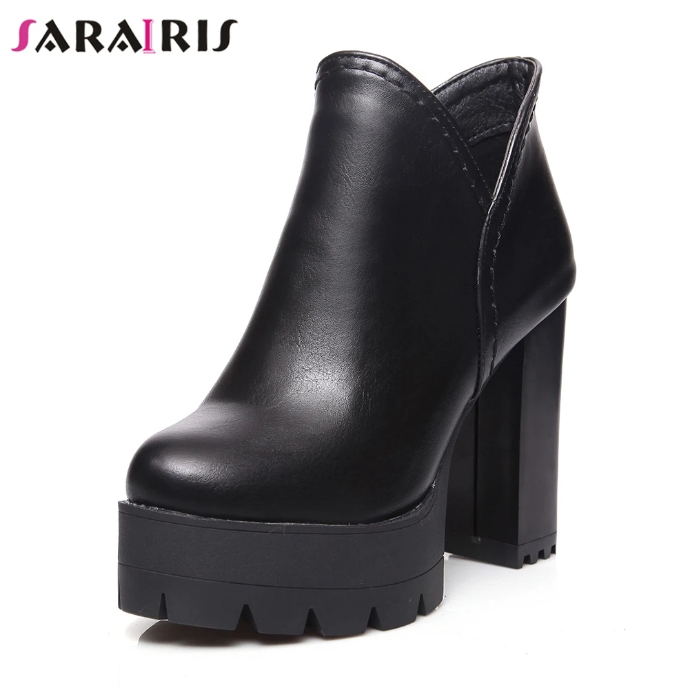 SARAIRIS/новые женские ботинки на платформе с круглым носком на высоком квадратном каблуке, модные зимние ботильоны черного цвета, большие