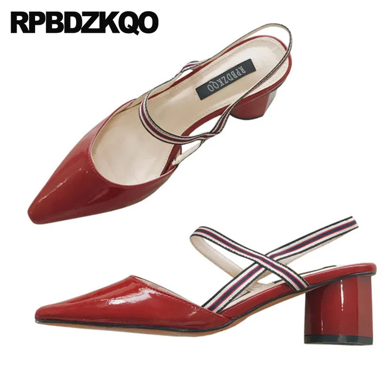 

wine red strap pointed toe 2018 sandals women chunky shoes patent leather beige block heels slingback medium summer footwear