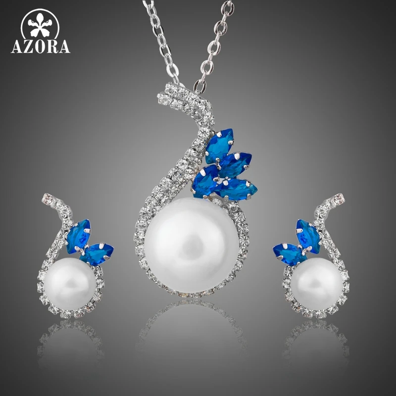 

AZORA New Pearl Fashion Blue CZ Flower Stud Earrings and Necklaces Jewelry Sets for Women Wedding Party Accessories Gift TG0247