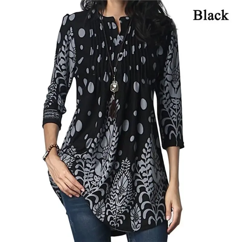 

ROPALIA Women Long Sleeve Three Quarter Sleeves Tunic Tops Long Blouse Floral Printed O Neck Pullover Autumn Casual Shirt Female