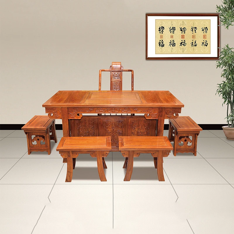 China Antique Tea Table Furnishings And Desk Chinese Special Hedgehog Rosewood Furnishings With 5 Chairs And A Desk