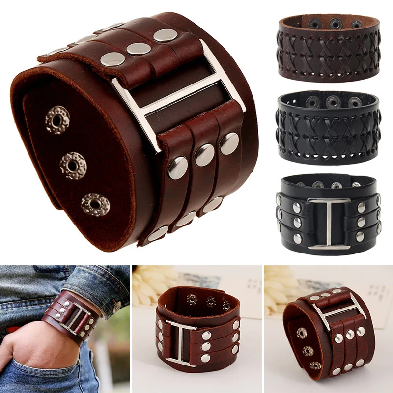 

Men Wide Bracelet Cow Leather Punk Cuff Bangle Adjustable For Men Classic Bracelet Bangle Jewelry Gift Casual Wristband LL@17